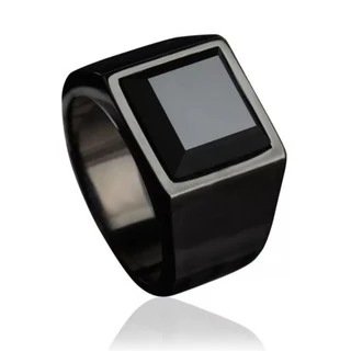 Anel Masculino Comendador Preto Pedra Onix Aço Titânio 15mm