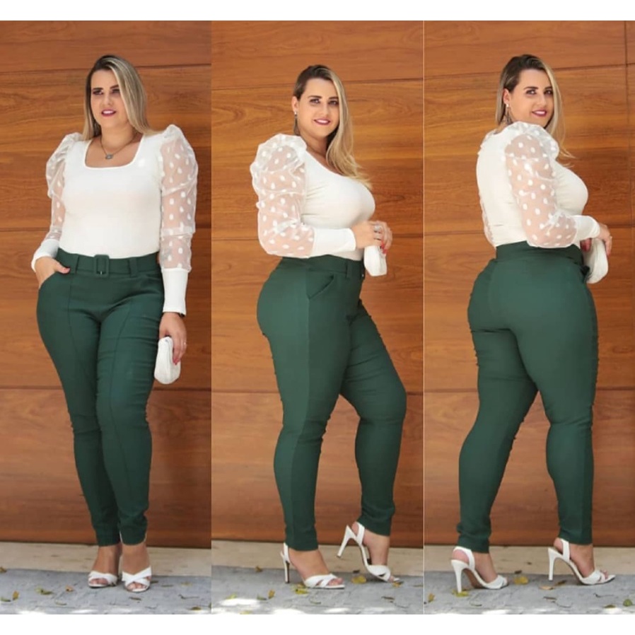 Calça Feminina Plus Size Bengaline Risca Frente com Bolsos