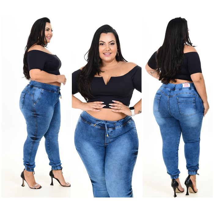 CALÇA JOGGER PLUS SIZE PREMIUM JEANS AZUL LEVANTA BUMBUM ELÁSTICO NA BARRA