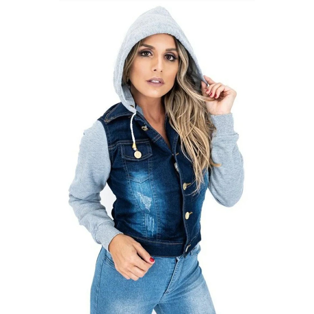 Jaqueta Jeans Feminina Slim Com Capuz Para Todos Os Jogos2