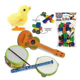 Kit 6 Brinquedos Educativos Instrumentos Blocos de Montar Pintinho Tambor Violão pandeiro Flauta Infantil