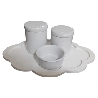 Kit Higiene Bebê Porcelana Branca Potes com tampa Molhadeira Bandeja Nuvem Clean maternidade menina menino porta algodão cotonete