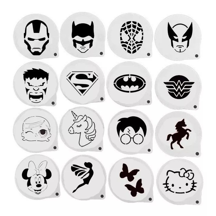 Stencil Pintura Rosto Personagens Infantis Kit Facial 16 moldes vazados 5 cm cada