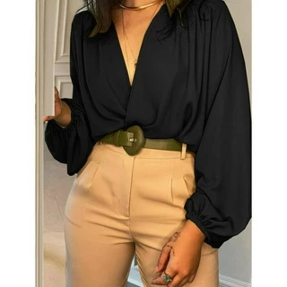 Blusa Feminina Cropped Manga Longa Bufante Decote Solta