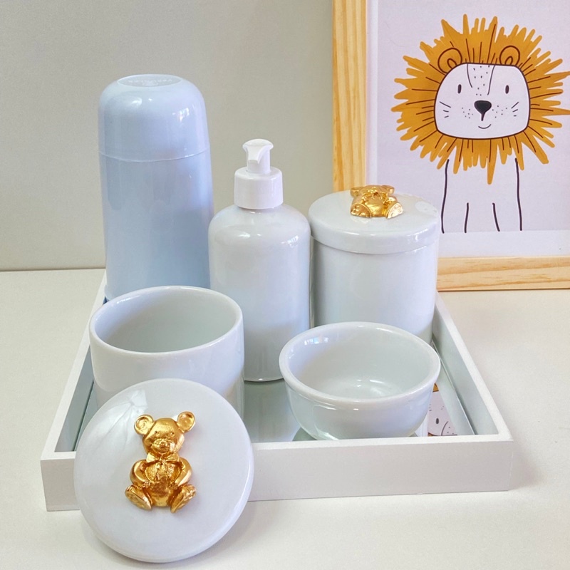 kit higiene bebê porcelana branco urso dourado garrafa térmica