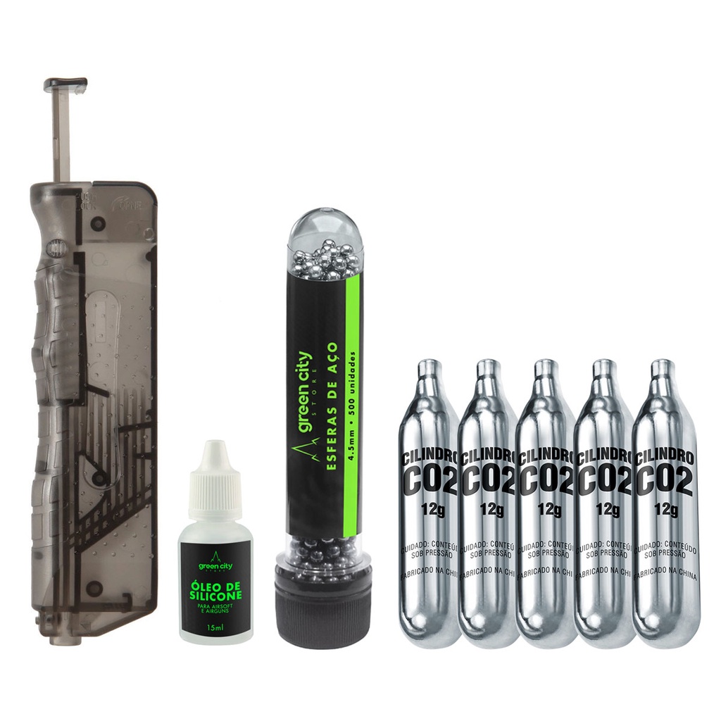 Speed Loader 4.5mm Esferas Aço C11 W125 W301 24/7 Airgun , 500 BB Steel 4,5mm , 5 Cápsulas Co2 12g e Óleo