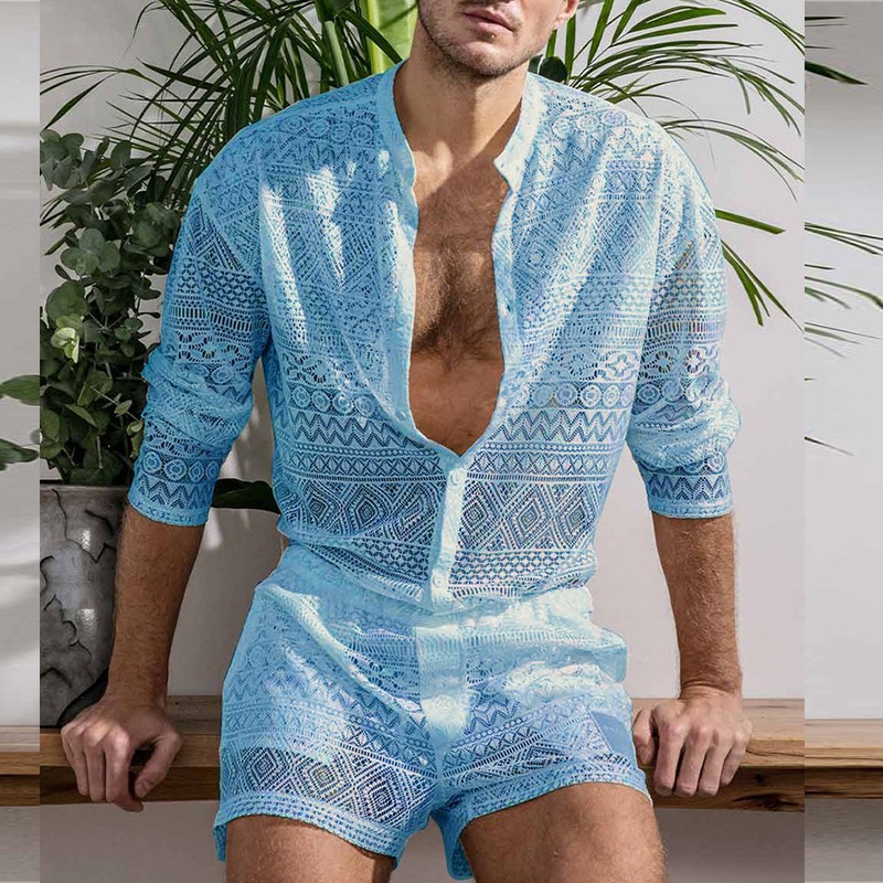 Conjunto De Renda Masculina Verão Manga Longa Camisa E Shorts Sexy