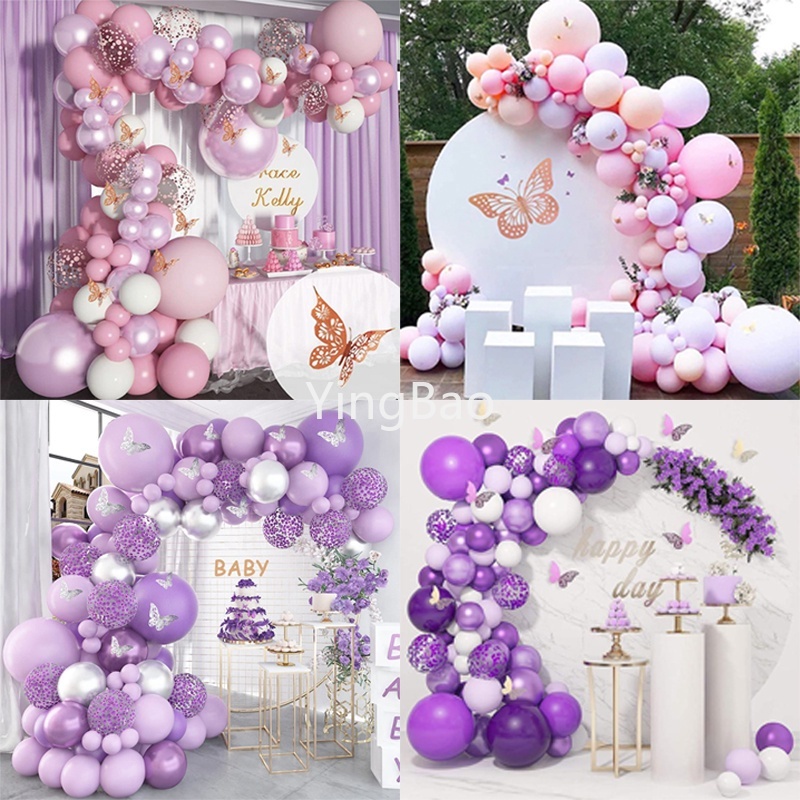 Roxo Série Rosa Tema Da Borboleta Balão Kit Arco Confete Látex Metálico Balões De Aniversário De Casamento Decorações Do Partido