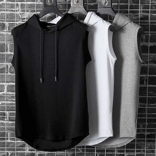 Camiseta Sem Manga Masculina Com Capuz De Cor Única