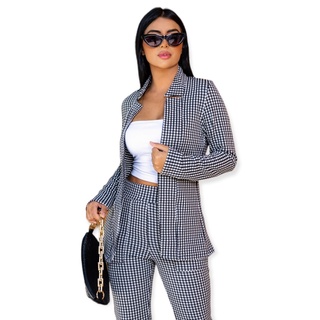 Conjunto Blazer e Calça Feminino Xadrez em Jacard Max Mara Premium