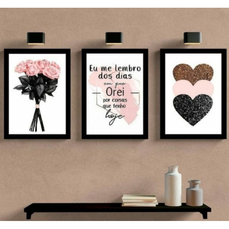 Conjunto Quadros Decorativos 3 Peças 25x25 Xadrez - Moldura Preta