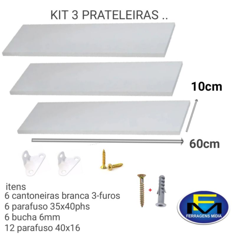 kit jogo de 3 prateleira de mdf branco largura 10cm comprimento 60cm 100% Mdf