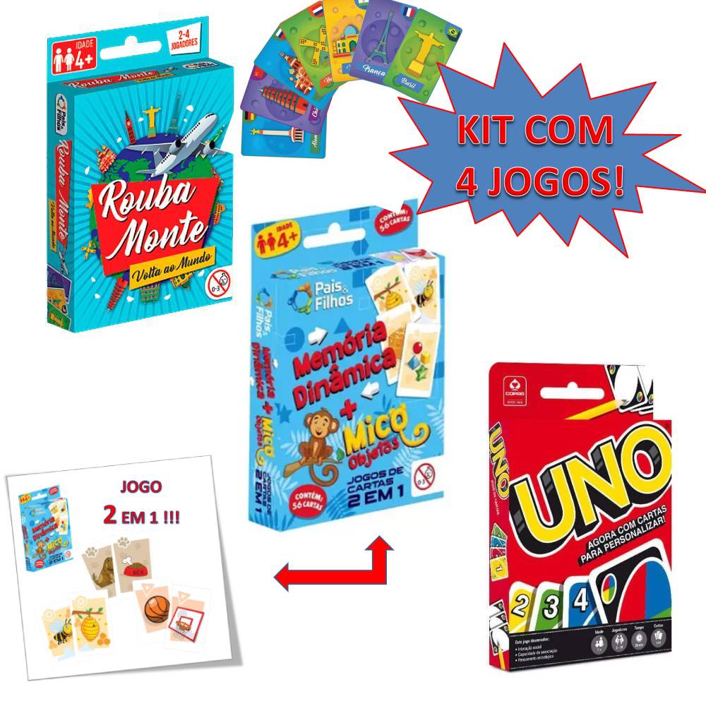 Kit De Jogos De Cartas Educativos Para Crianças Jogo Da Memória , Uno ,  Mico E Rouba Monte Baralho Infantil