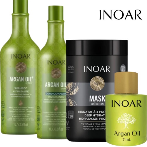 Inoar Kit Argan Shampoo e Condicionador 2 x 1L + Máscara de Hidratação ...