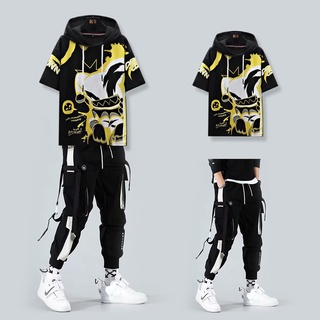 Conjunto Masculino Camiseta Cargo Casual Hip Hop graffiti Diabo Com Mangas Curtas E Calça