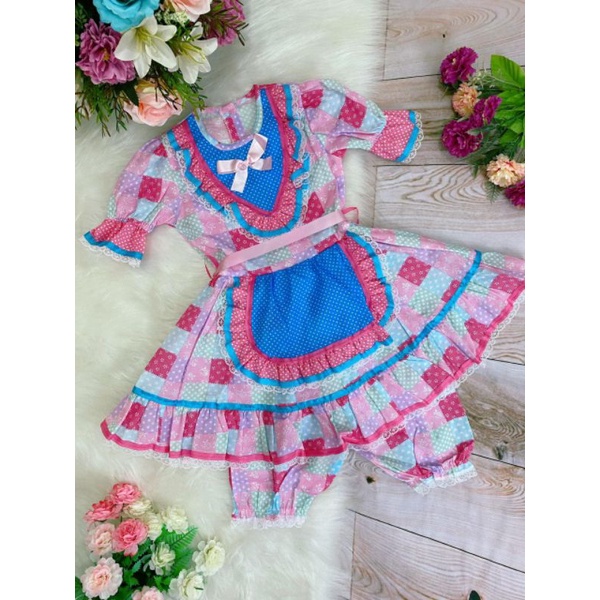Vestido Junino Vestido Rosa E Azul Adulto Vestido Junino Rosa E