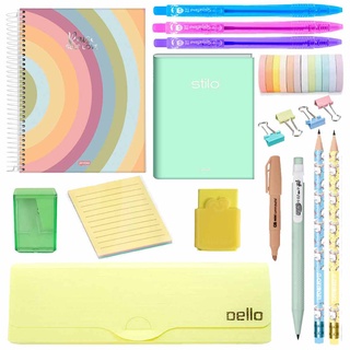 Kit Papelaria COMBO MASTER Arco Iris Estojo Caneta Caderno