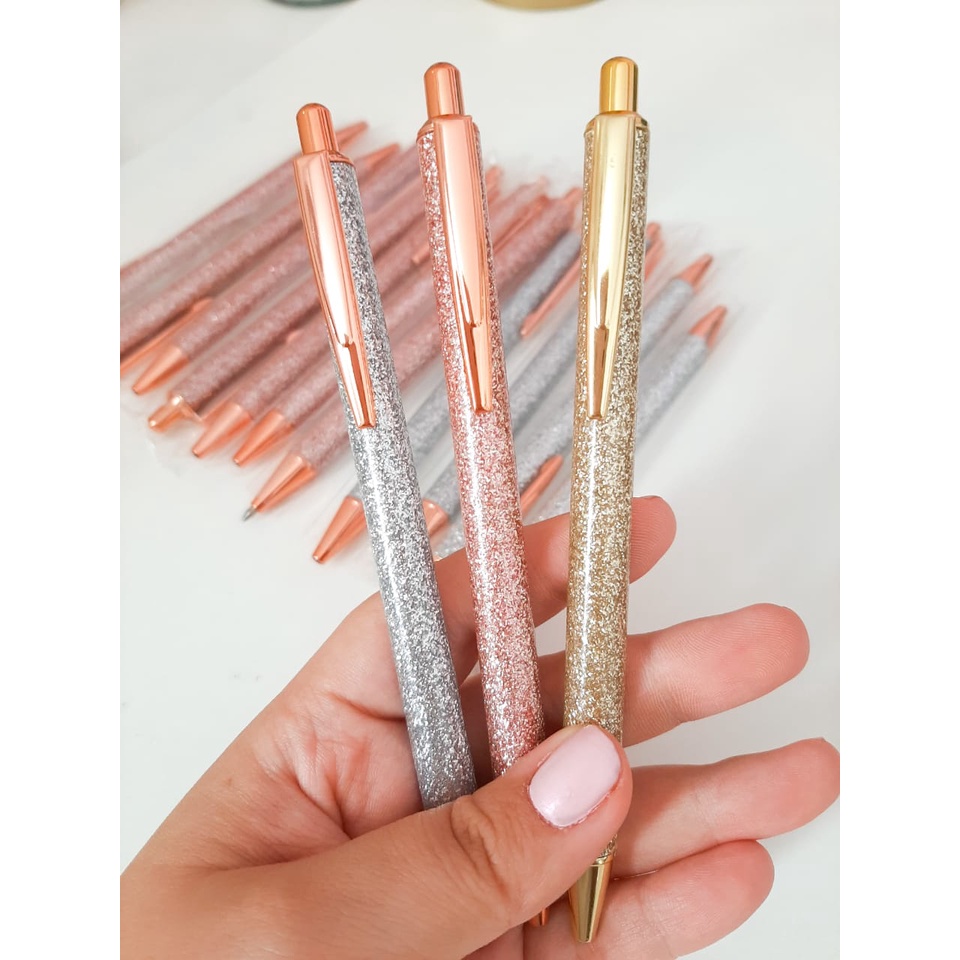 Caneta Luxo Glitter Rose, Dourada e Prata