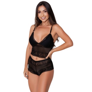 Conjunto Lingerie Renda / Calcinha Caleçon e Sutiã Cropped