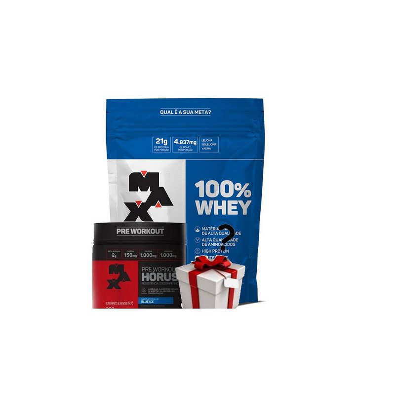 Kit 100% Whey Protein (900g- Refil) + Pré Treino Horus (300g) Max Titanium