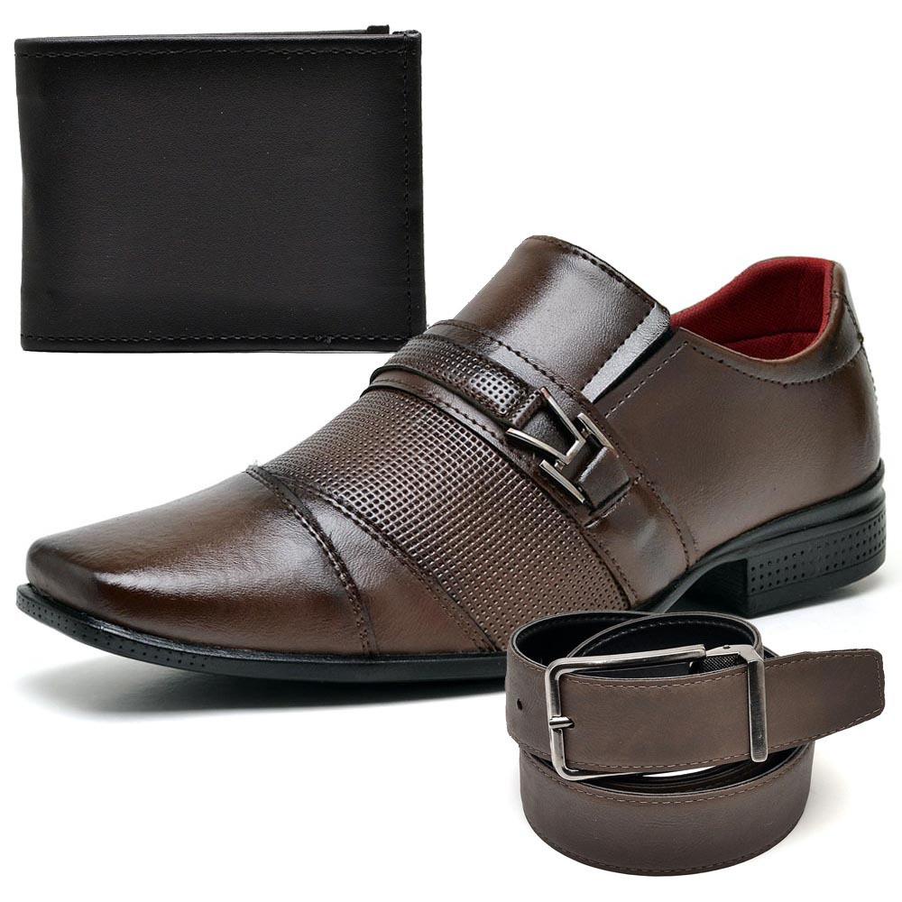 kit sapato social masculino marrom com fivela e estampa promoção cinto e carteira brinde promoção