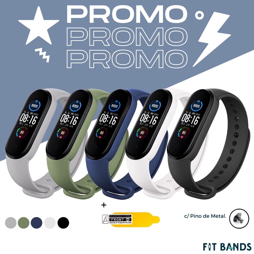 Kit com 5 Pulseiras + Película de BRINDE para Relógio Mi Band 5, Mi Band 6 e Amazfit Band 5 com Pinos de Metal - Cinza, Verde Militar, Azul Escuro, Branco e Preto