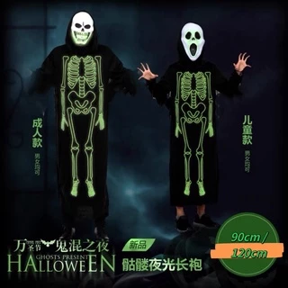 Fantasia de Esqueleto Caveira Brilha no escuro Florescente Halloween Adulto e Infantil 2 tamanhos