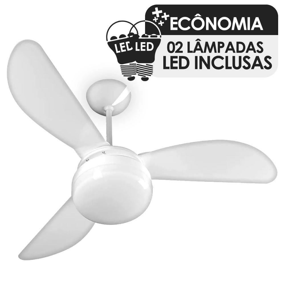Ventilador de Teto Ventisol Fenix Branco 3 Pás, Cv3, 02 Lâmpadas Led Inclusas