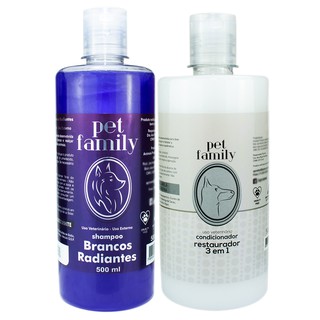 Combo Shampoo Branqueador Pet + Condicionador Restaurador 3x1 Para Cães E Gatos 500ml Profissional Clareador Matizador Natural Pra Cachorros Gato Adulto Filhote Pelos Claros Brancos Escuros Pelagem Curta Comprida Clara Pet Family Clean Banho Tosa Petshop