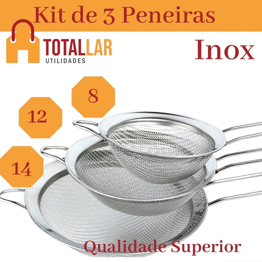 kit Peneira de Inox 3 Tamanhos - 8 cm + 12cm 14cm - kit 3 Peneira de ...