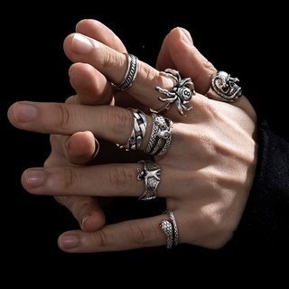 7 Pçs/6 Cjto Anel hip hop Masculino retro Aranha Cobra bat Caveira
