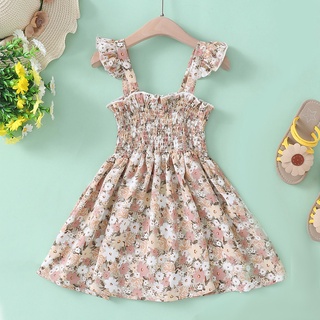 1-6Y Kids Clothing Ruffle Sling Vestidos Para Meninas 2022 Retração Da Cintura De Moda De Verão Lazer