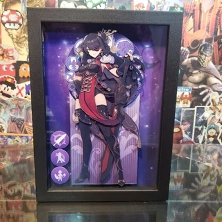 Quadro 3d Diorama Genshin Impact Banner Electro todos os personagens: Raiden, Yae Miko, Sara, Beidou, Fischl, Lisa, Keqing, Razor, etc