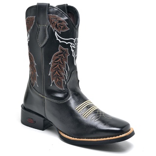 Bota Country Texana Bico Quadrado Cano Alto Bordada Cabeça touro Boi Preta