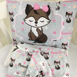 Kit Manta Peluciado Bebe Raposinha Cinza+ Travesseiro Personalizado Nome da sua Escolha 100x75 cm