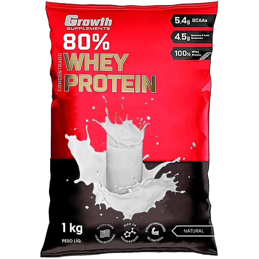 Whey Sabor Natural protein 80% Proteína Concentrado 1Kg Growth Suplementos Original