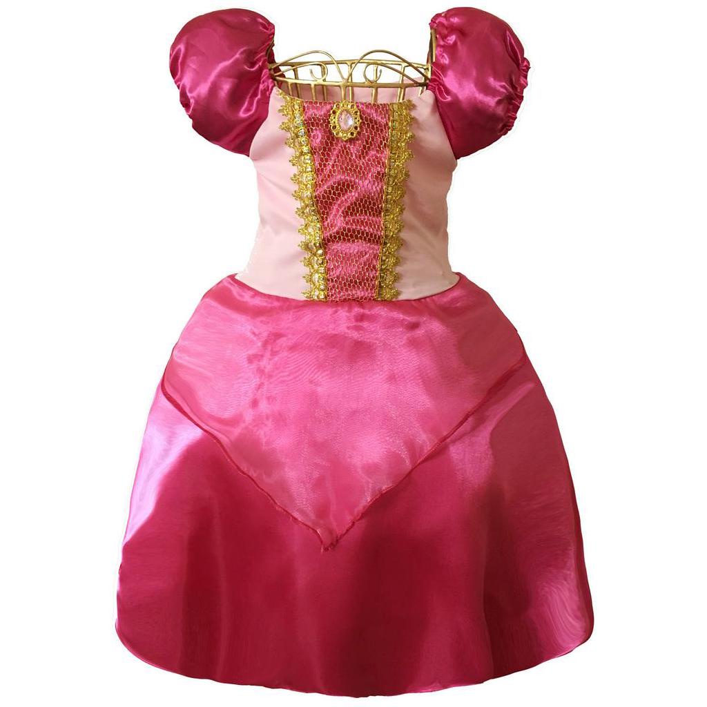 Vestido Princesa Infantil Pink Rosa Roupa Realeza Midi Luxo serve para Festa de Aniversário temático da Aurora e Fantasia de Criança para Carnaval