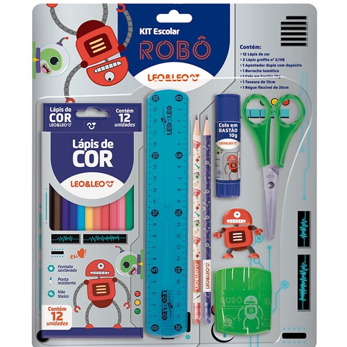 Kit Escolar Lapis De Cor Apontador Régua Compasso Tesoura