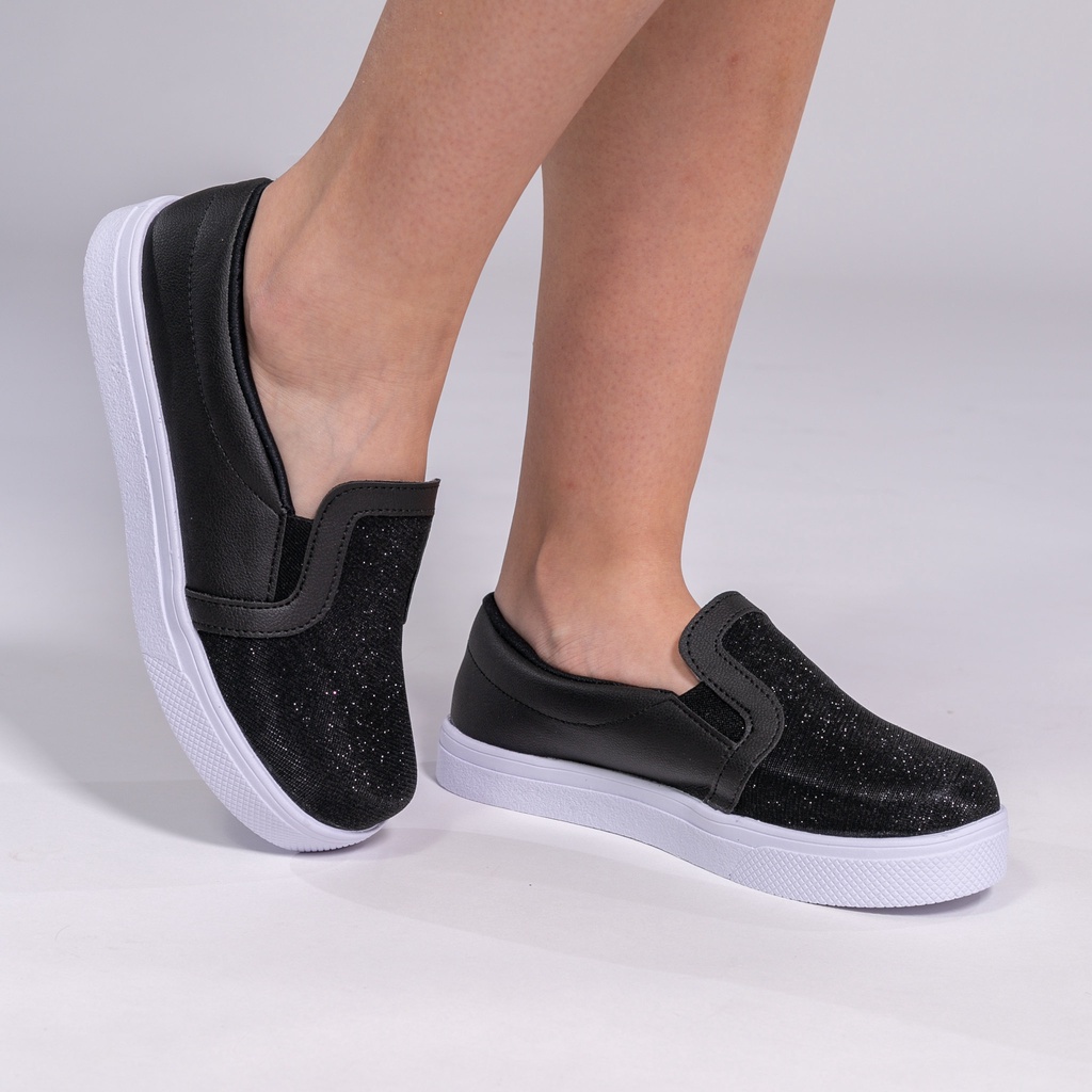Tênis Feminino Slip On Paetê Brilho Napa Preto Shopee Brasil