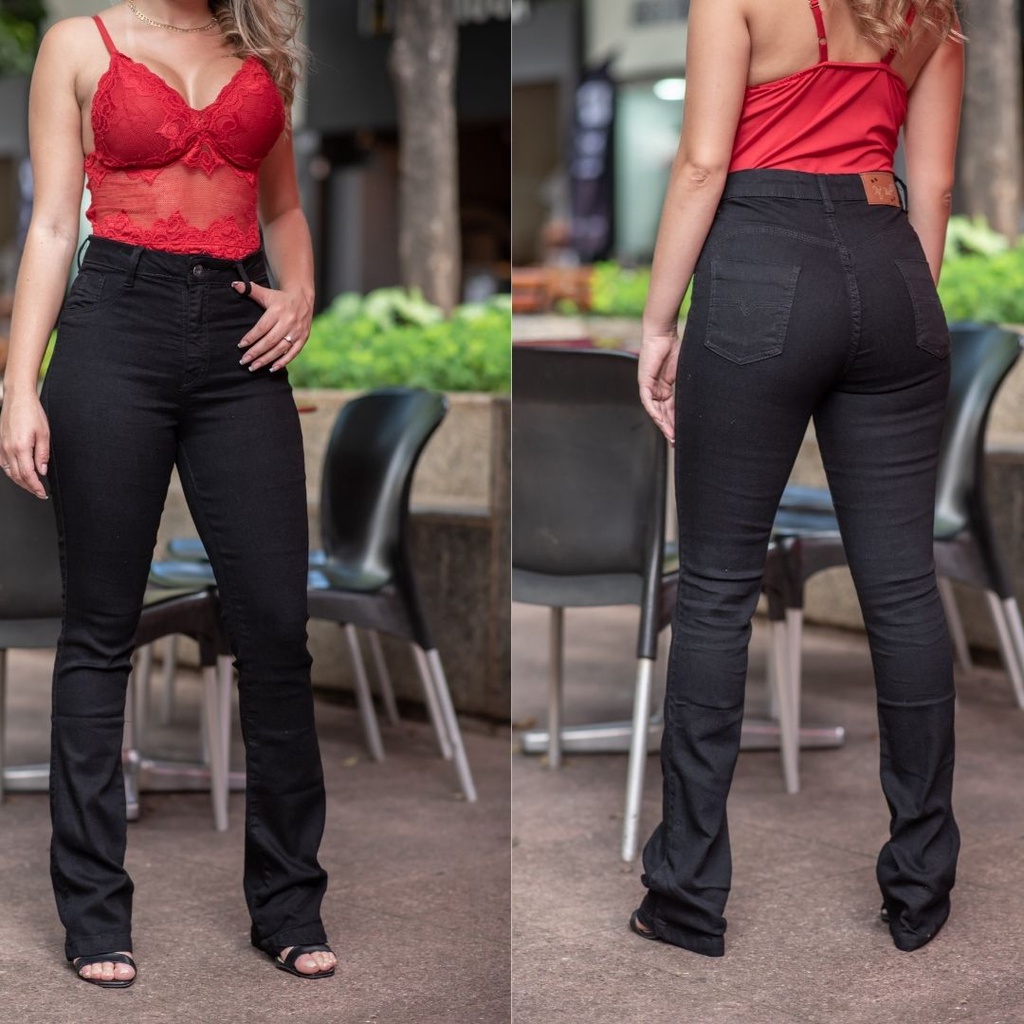 Calça flare preta jeans com lycra levanta bumbum com lycra - R