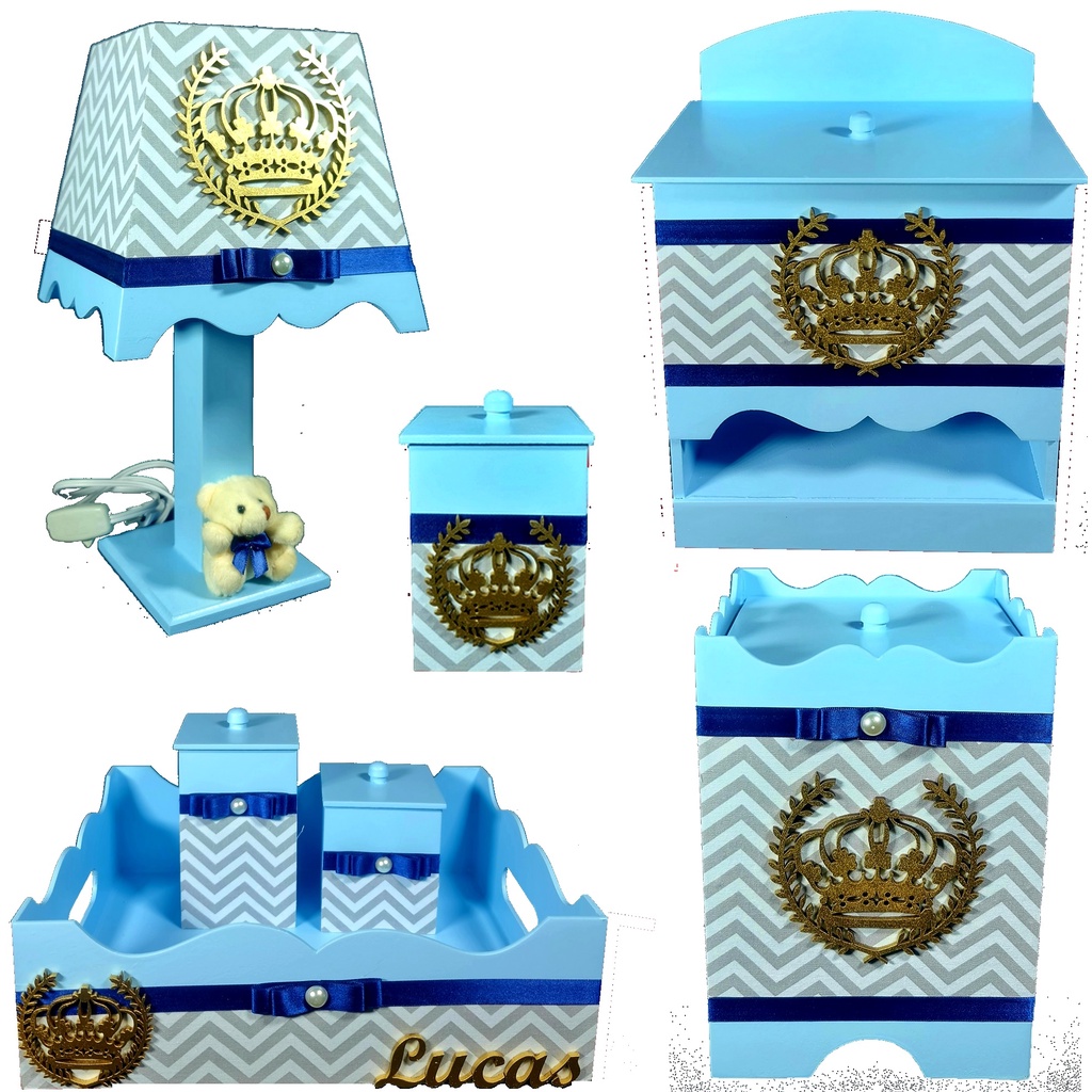 Kit Higiene bebê Mdf personalizado com nome realeza coroa príncipe Azul