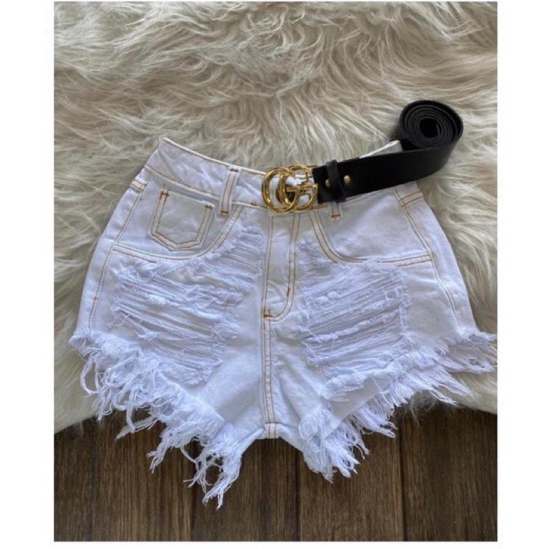 Shorts jeans curto branco\preto desfiado Feminino Verão