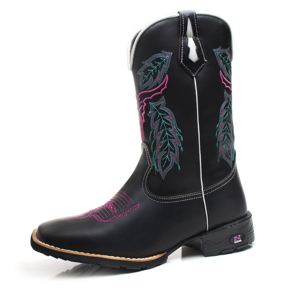 Bota Texana Feminina Rodeio Em Couro Preto Bordado Boi Rosa Bico ...