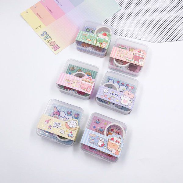 Kit Caixinha Washi Mini Tape com Adesivos Kawaii Decorados e Bloco de ...