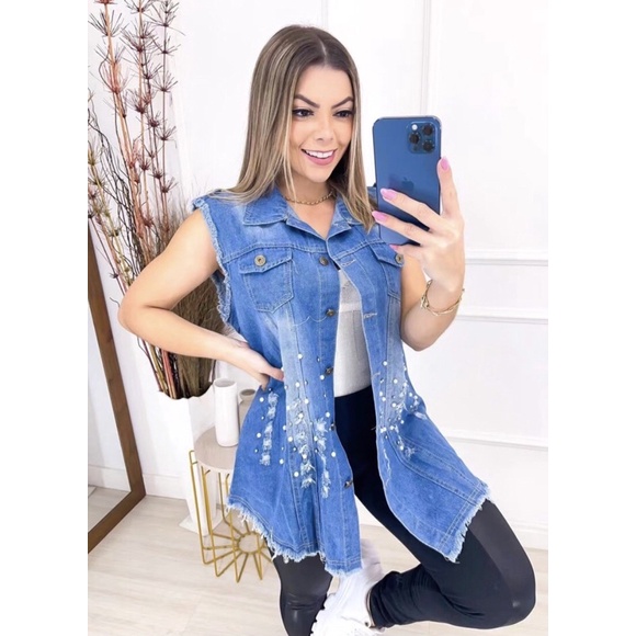 Colete Jeans Maxi pedraria luxo