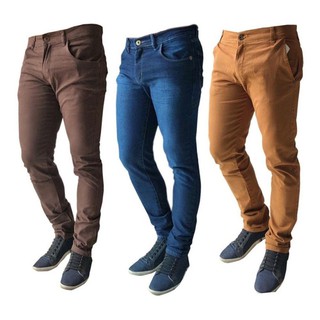 kit 3 calca sarja jeans masculina slim com lycra colorida