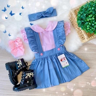 Conjunto Salopete Infantil Fazendinha Xadrez Rosa Menina Bebe Lizzie