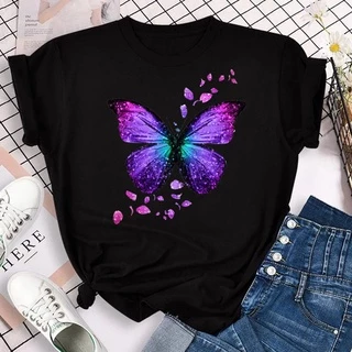 New Purple Butterfly Leaves Print T-Shirt Women