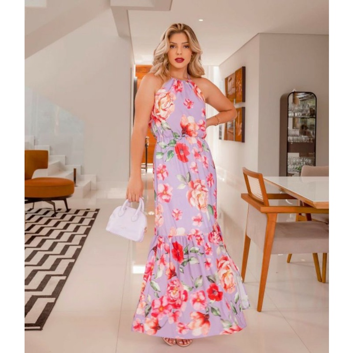 Vestido floral hot sale longo com fenda