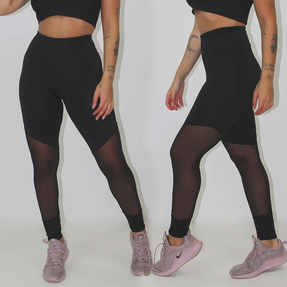 Calça Legging Fitness Preto Detalhe Tule Não Fica Transparente | Shopee ...